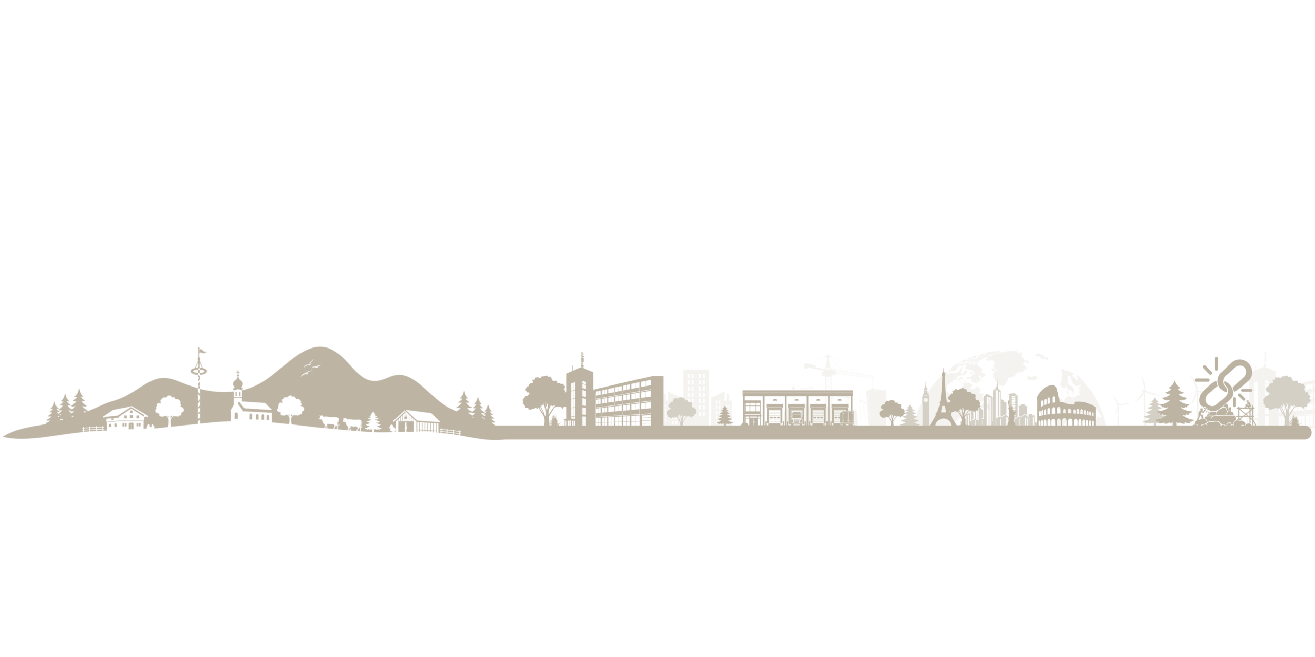 Illustrierte Zeitleiste: von einem Dorf mit Kirche über Bürogebäude und eine Lagerhalle bis zu einer Weltstadt-Silhouette vor einem Globus.